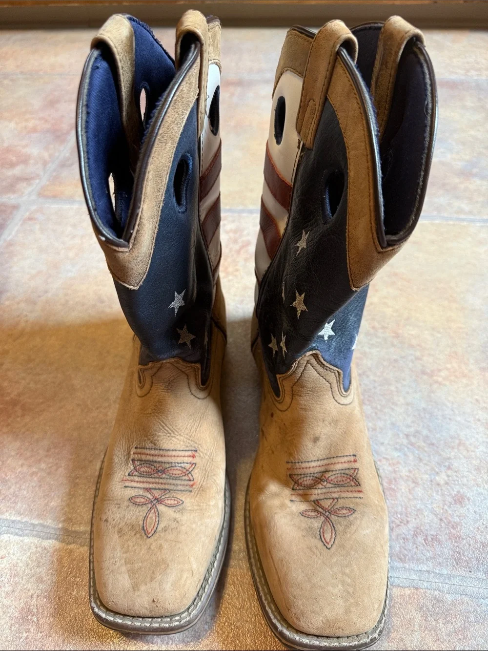 Men's Americana Flag Western Pull-On Boots - Tan, Red & Blue